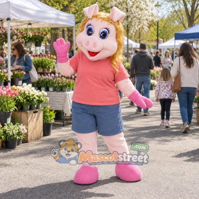 Pig Girl Mascot Costume with Coral Shirt and Blue Shorts Pig Girl Mascot Costume with Coral Shirt and Blue Shorts