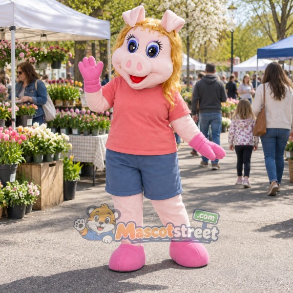 Pig Girl Mascot Costume with Coral Shirt and Blue Shorts Pig Girl Mascot Costume with Coral Shirt and Blue Shorts