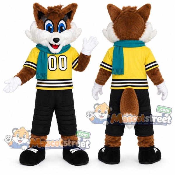 Brown Fox Mascot Costume with Yellow Sports Jersey and Teal Scarf