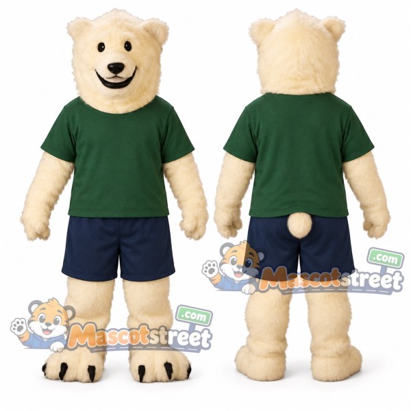 Polar Bear Mascot Costume with Green Shirt and Navy Shorts