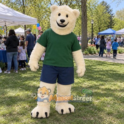 Polar Bear Mascot Costume with Green Shirt and Navy Shorts