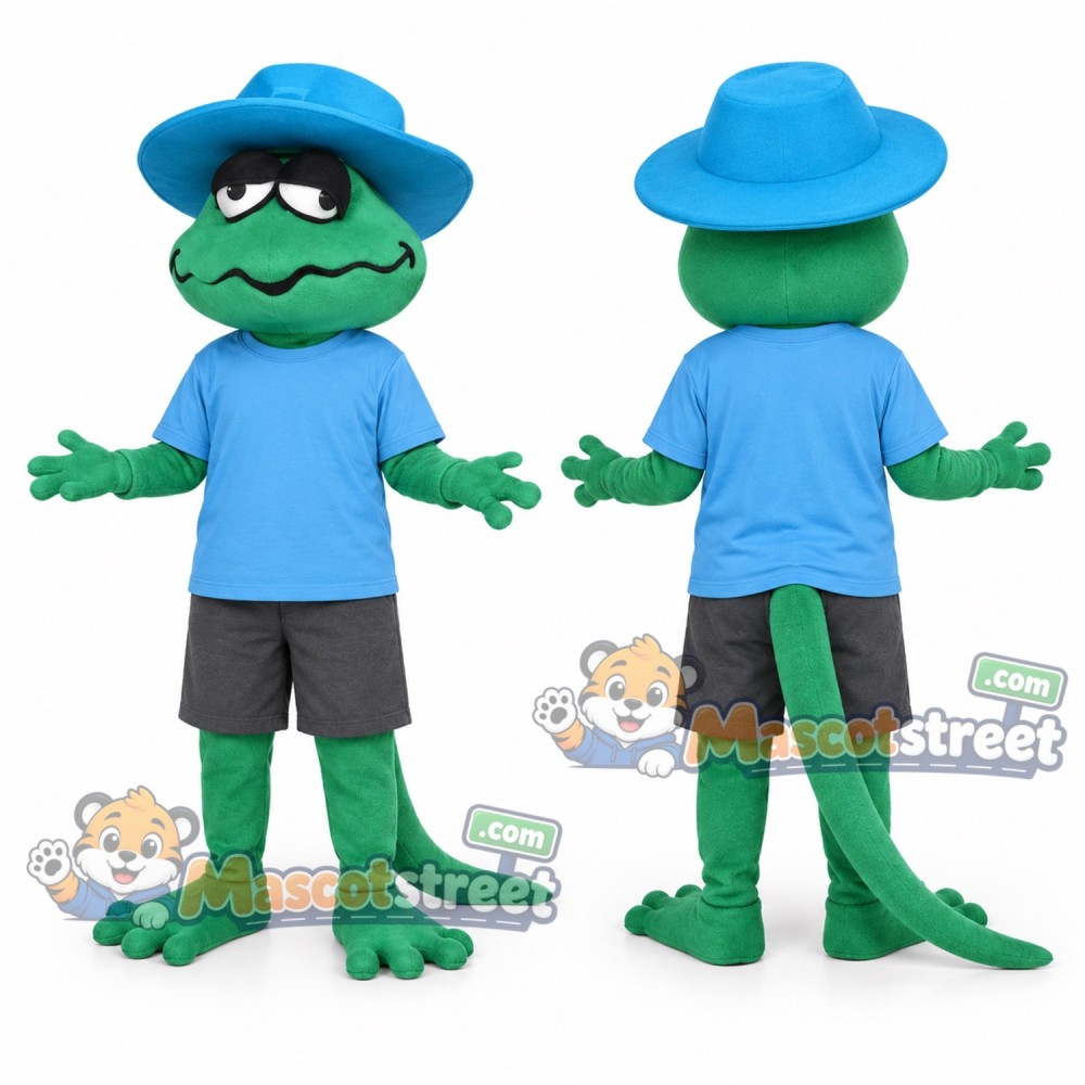 Green Lizard Mascot Costume with Blue Shirt and Hat Green Lizard Mascot Costume with Blue Shirt and Hat