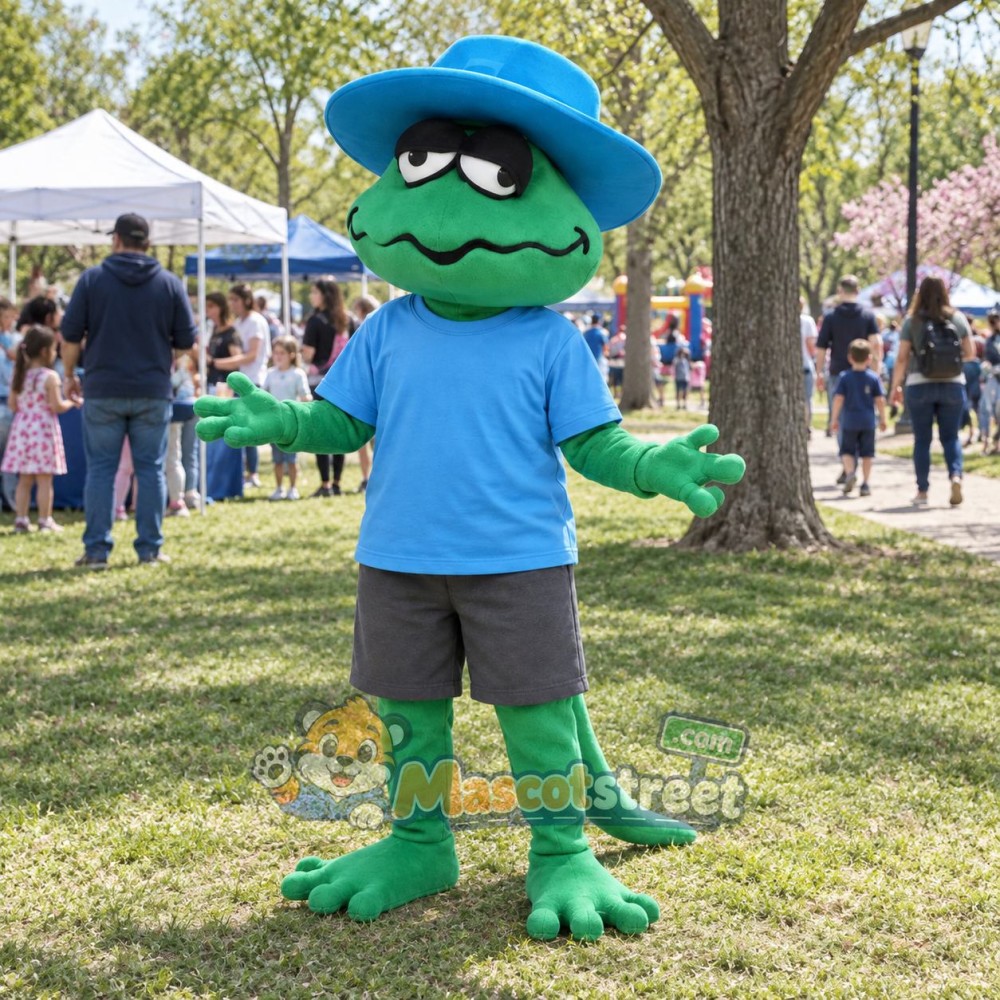 Green Lizard Mascot Costume with Blue Shirt and Hat Green Lizard Mascot Costume with Blue Shirt and Hat