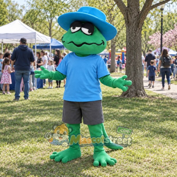 Green Lizard Mascot Costume with Blue Shirt and Hat