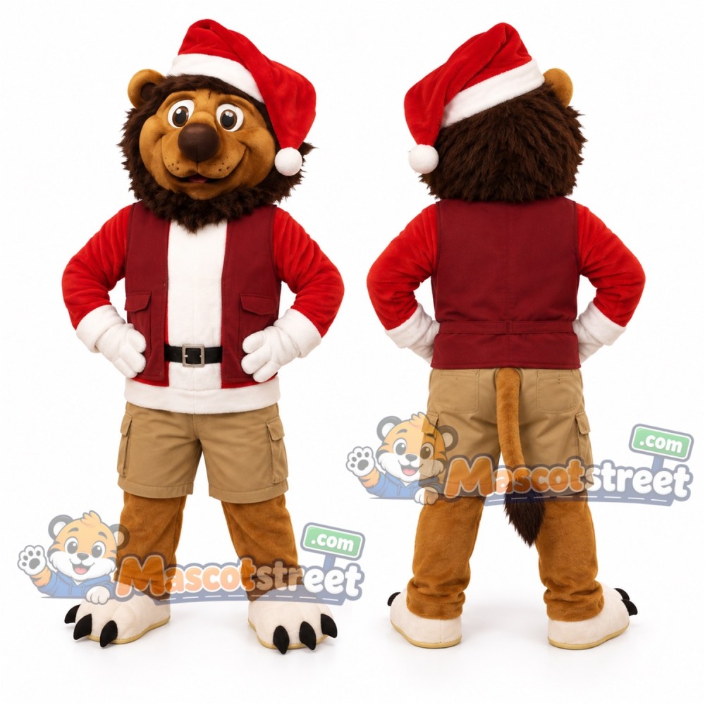 Brown Lion Mascot Costume with Burgundy Vest and Santa Hat