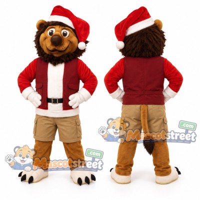 Brown Lion Mascot Costume with Burgundy Vest and Santa Hat