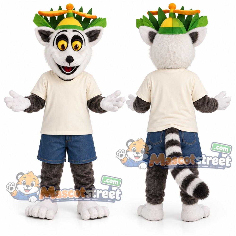 Ring-Tailed Lemur Mascot Costume with Cream Shirt and Blue Shorts