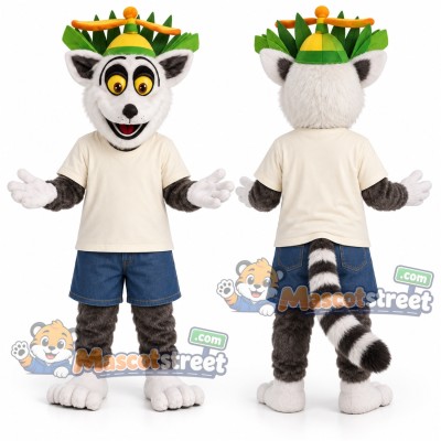Ring-Tailed Lemur Mascot Costume with Cream Shirt and Blue Shorts