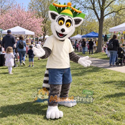 Ring-Tailed Lemur Mascot Costume with Cream Shirt and Blue Shorts Ring-Tailed Lemur Mascot Costume with Cream Shirt and Blue Shorts