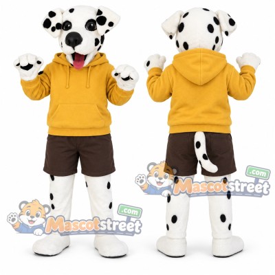 Dalmatian Mascot Costume with Yellow Hoodie and Brown Shorts