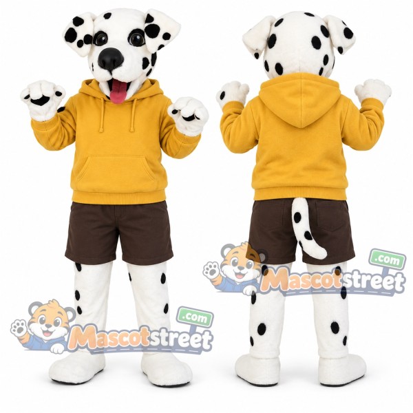 Dalmatian Mascot Costume with Yellow Hoodie and Brown Shorts