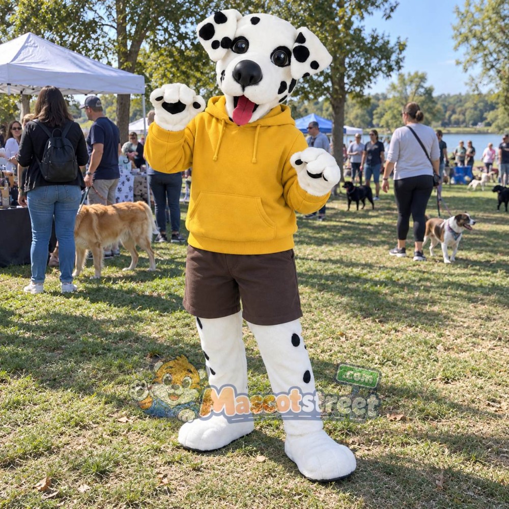 Dalmatian Mascot Costume with Yellow Hoodie and Brown Shorts