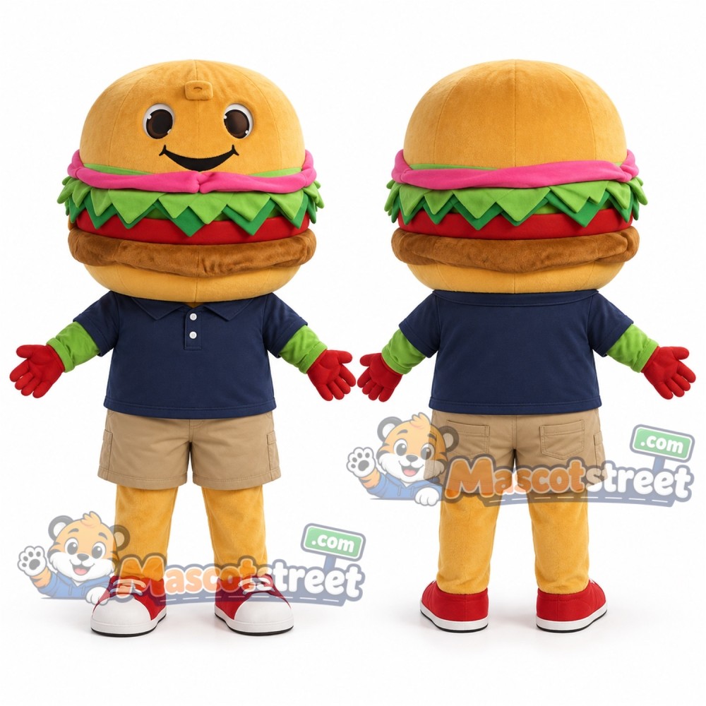 Hamburger Mascot Costume with Navy Shirt and Khaki Shorts Hamburger Mascot Costume with Navy Shirt and Khaki Shorts