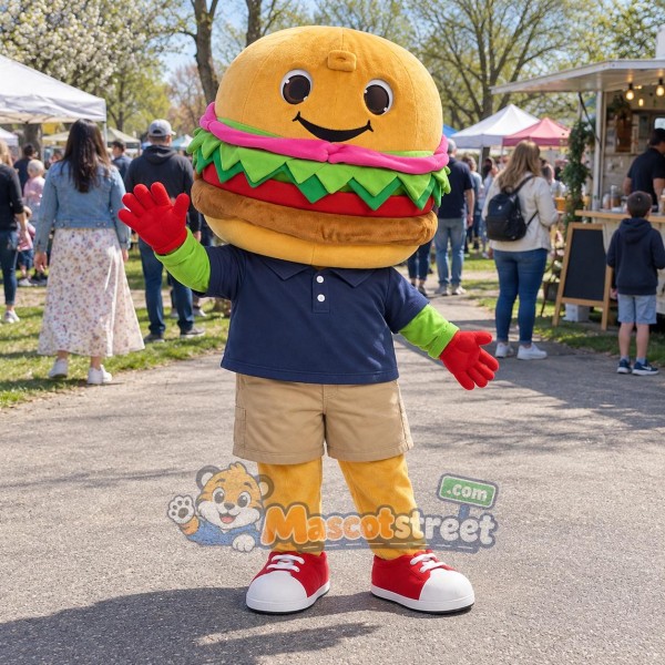 Hamburger Mascot Costume with Navy Shirt and Khaki Shorts