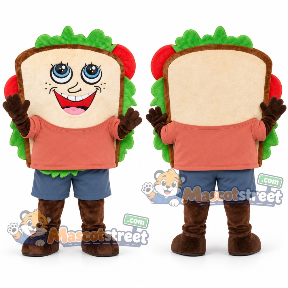 Sandwich Mascot Costume with Coral Shirt and Blue Shorts Sandwich Mascot Costume with Coral Shirt and Blue Shorts