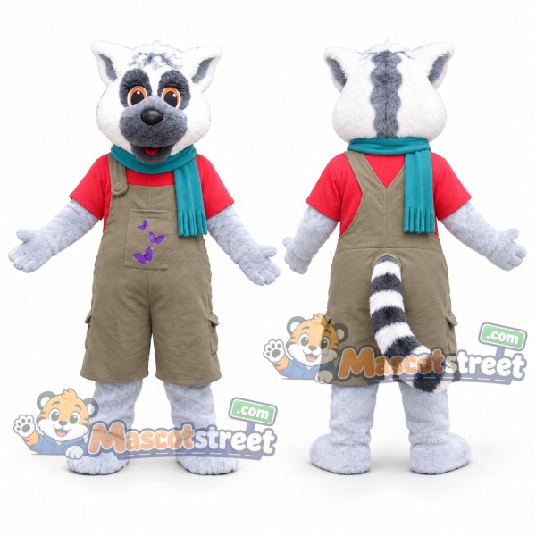 Ring-Tailed Lemur Mascot Costume with Brown Overalls and Teal Scarf