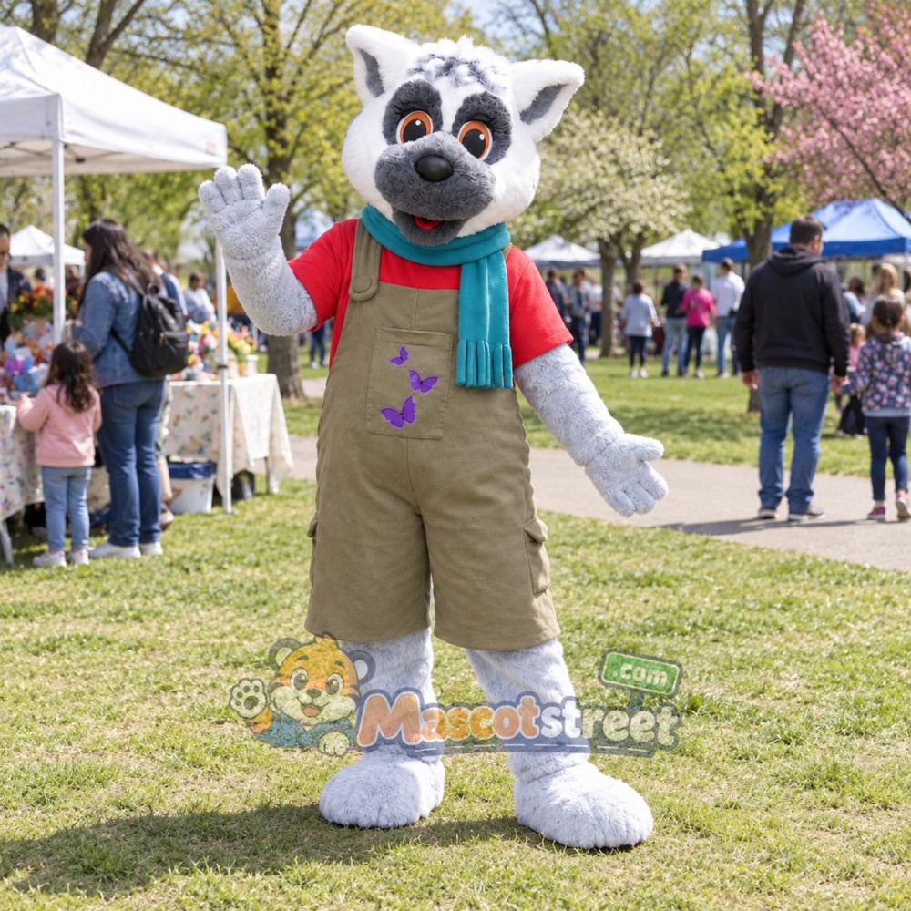 Ring-Tailed Lemur Mascot Costume with Brown Overalls and Teal Scarf Ring-Tailed Lemur Mascot Costume with Brown Overalls and Teal Scarf