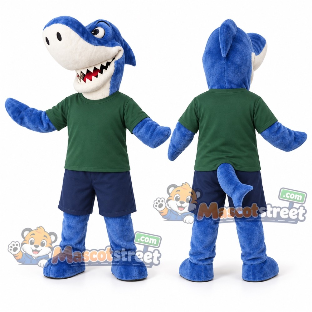 Blue Shark Mascot Costume with Green Shirt and Navy Shorts Blue Shark Mascot Costume with Green Shirt and Navy Shorts