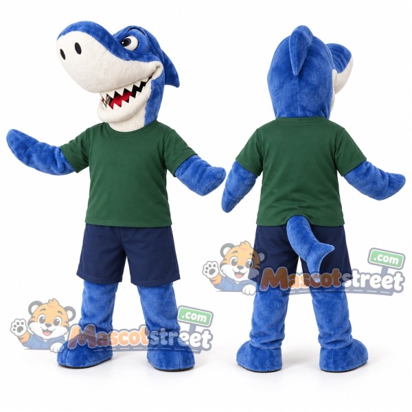 Blue Shark Mascot Costume with Green Shirt and Navy Shorts