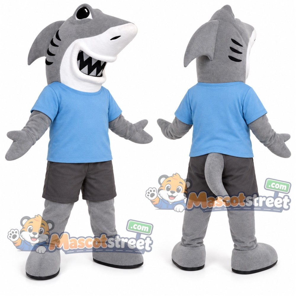 Gray Shark Mascot Costume with Blue Shirt and Gray Shorts Gray Shark Mascot Costume with Blue Shirt and Gray Shorts