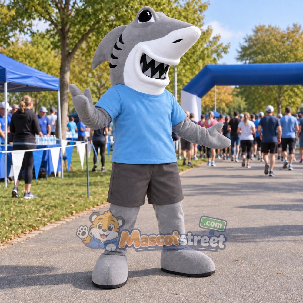 Gray Shark Mascot Costume with Blue Shirt and Gray Shorts Gray Shark Mascot Costume with Blue Shirt and Gray Shorts