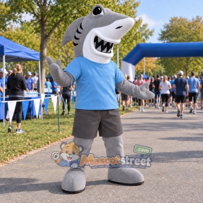 Gray Shark Mascot Costume with Blue Shirt and Gray Shorts Gray Shark Mascot Costume with Blue Shirt and Gray Shorts