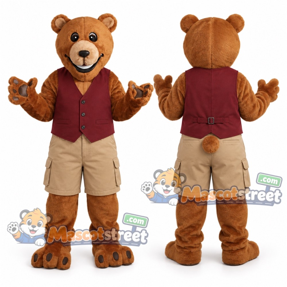 Brown Bear Mascot Costume with Burgundy Vest and Khaki Shorts Brown Bear Mascot Costume with Burgundy Vest and Khaki Shorts