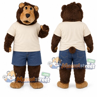 Brown Bear Mascot Costume with Cream Shirt and Blue Shorts Brown Bear Mascot Costume with Cream Shirt and Blue Shorts