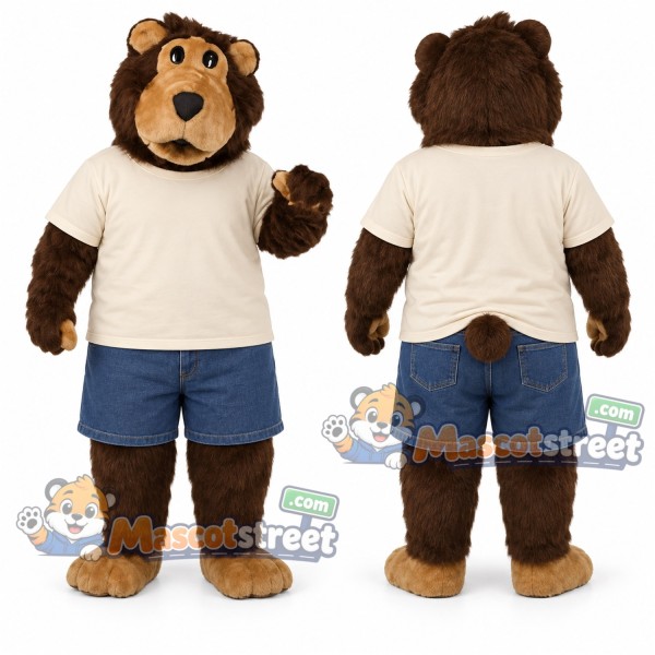 Brown Bear Mascot Costume with Cream Shirt and Blue Shorts