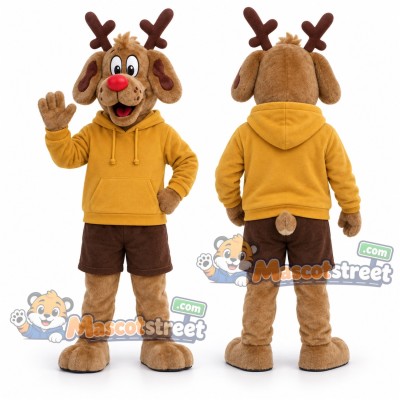 Brown Reindeer Mascot Costume with Yellow Hoodie and Brown Shorts