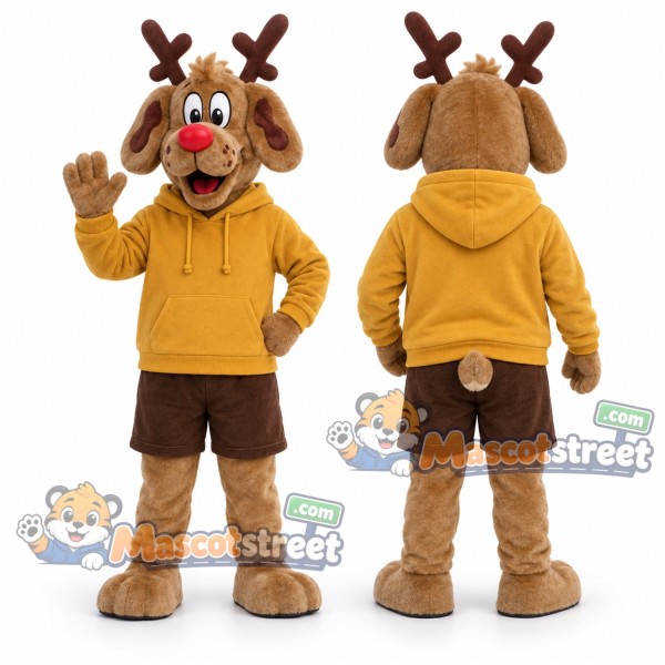 Brown Reindeer Mascot Costume with Yellow Hoodie and Brown Shorts