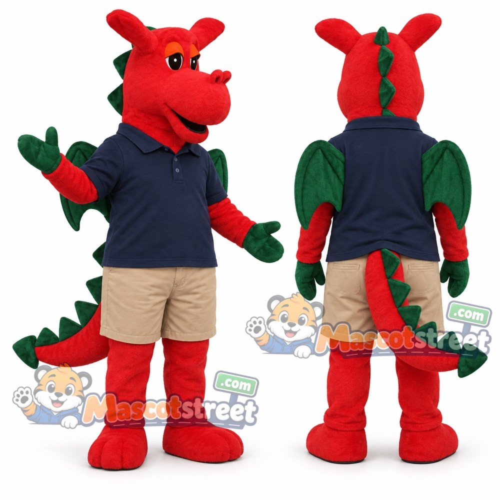 Red Dragon Mascot Costume with Navy Polo Shirt and Beige Shorts Red Dragon Mascot Costume with Navy Polo Shirt and Beige Shorts