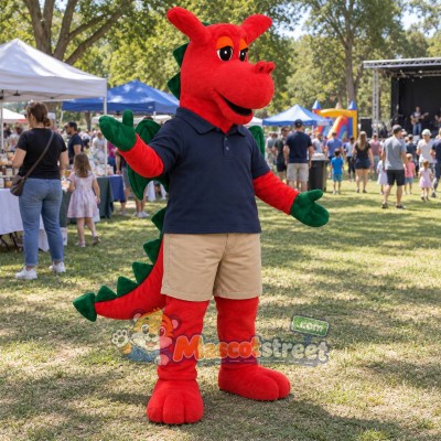 Red Dragon Mascot Costume with Navy Polo Shirt and Beige Shorts Red Dragon Mascot Costume with Navy Polo Shirt and Beige Shorts