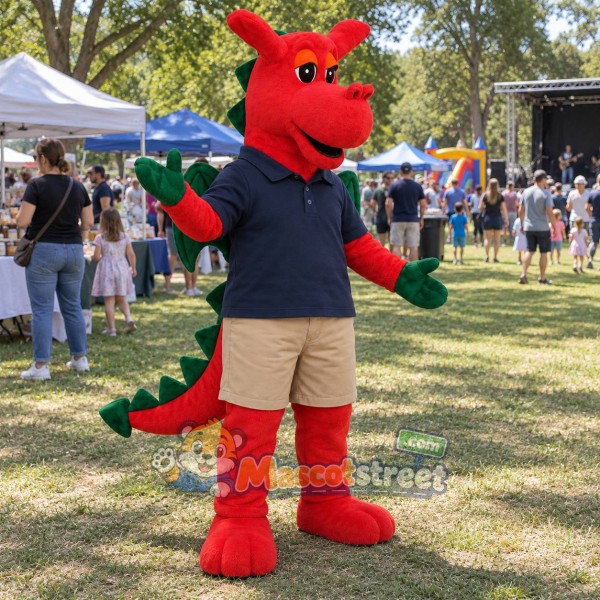 Red Dragon Mascot Costume with Navy Polo Shirt and Beige Shorts