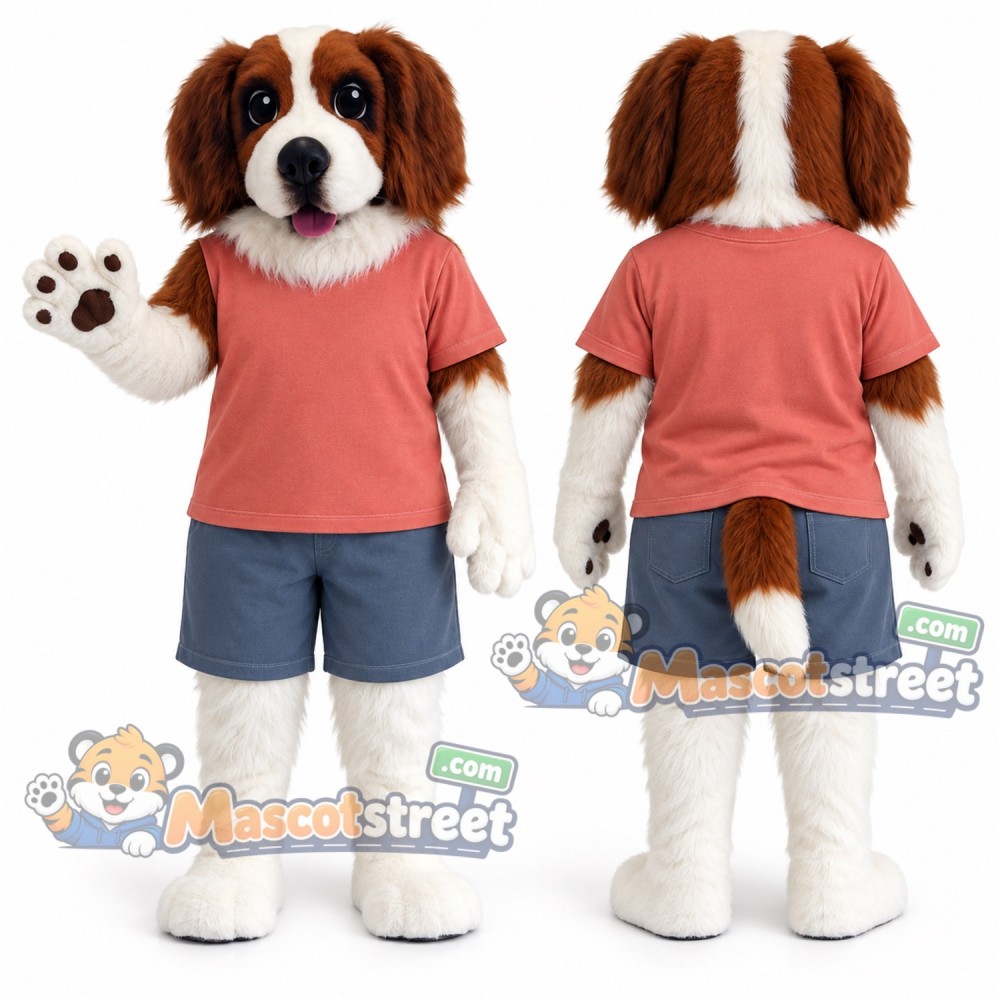 Brown and White Spaniel Dog Mascot Costume with Coral Shirt and Blue Shorts Brown and White Spaniel Dog Mascot Costume with Coral Shirt and Blue Shorts