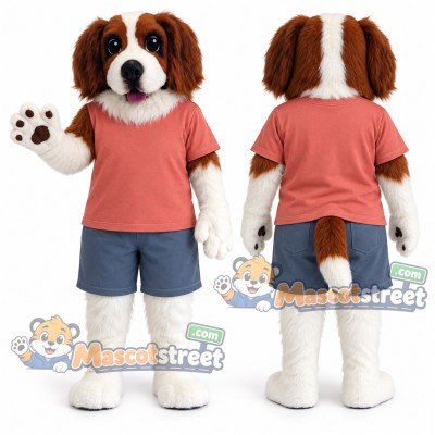 Brown and White Spaniel Dog Mascot Costume with Coral Shirt and Blue Shorts Brown and White Spaniel Dog Mascot Costume with Coral Shirt and Blue Shorts