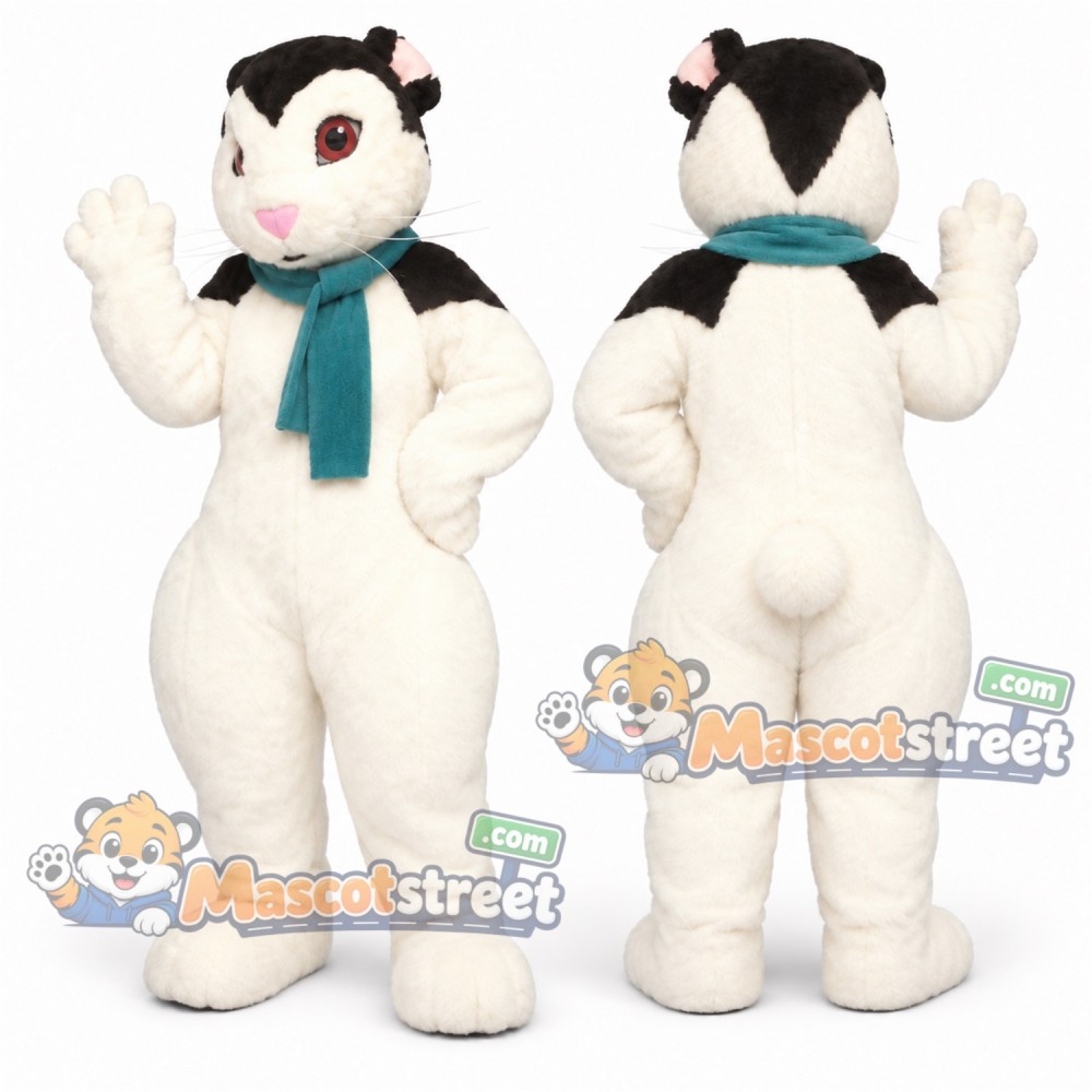 White and Black Rabbit Mascot Costume with Teal Scarf