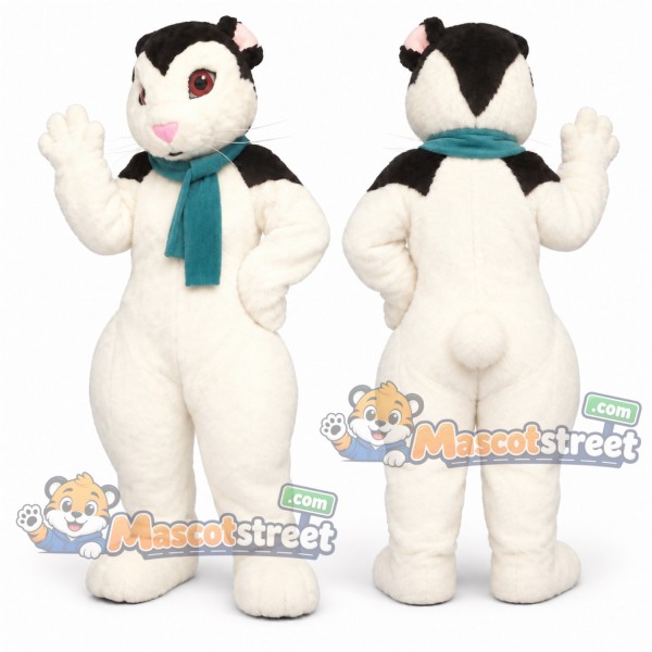 White and Black Rabbit Mascot Costume with Teal Scarf