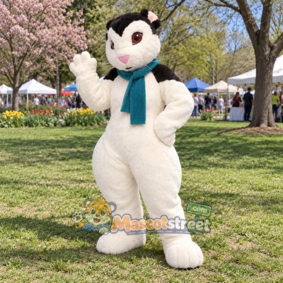 White and Black Rabbit Mascot Costume with Teal Scarf White and Black Rabbit Mascot Costume with Teal Scarf