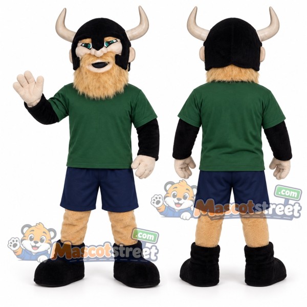 Viking Mascot Costume with Green Shirt and Navy Shorts
