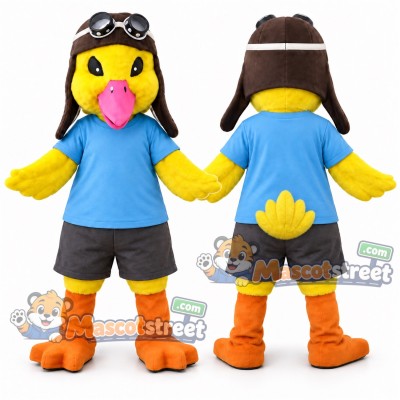 Yellow Duck Pilot Mascot Costume with Blue Shirt, Gray Shorts and Aviator Cap