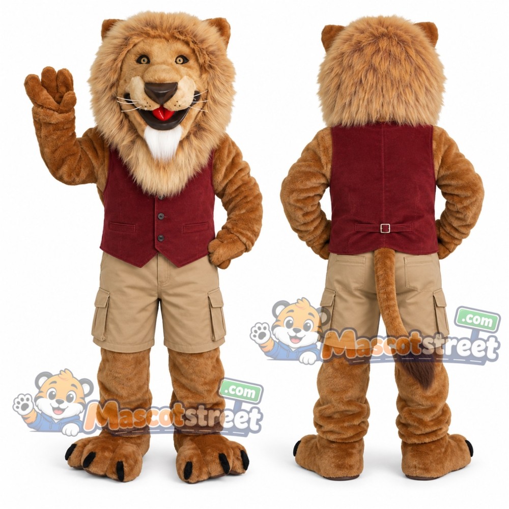 Brown Lion Mascot Costume with Burgundy Vest and Beige Shorts