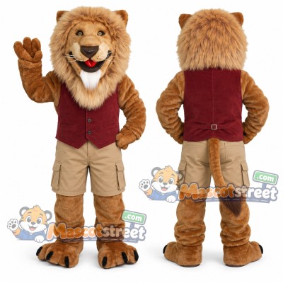 Brown Lion Mascot Costume with Burgundy Vest and Beige Shorts