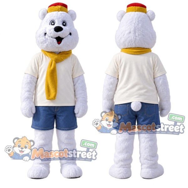 White Polar Bear Mascot Costume with Cream Shirt, Blue Shorts and Yellow Scarf