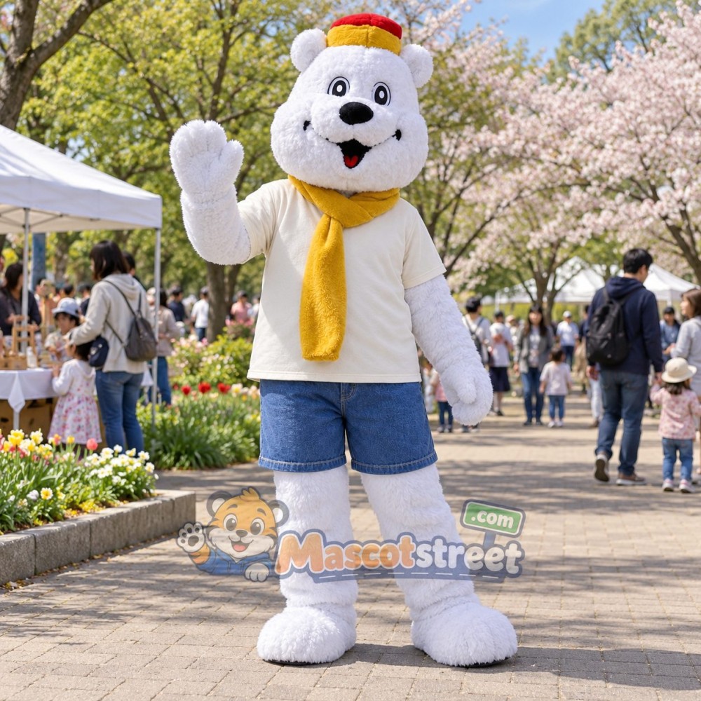 White Polar Bear Mascot Costume with Cream Shirt, Blue Shorts and Yellow Scarf