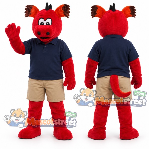 Red Dragon Mascot Costume with Navy Polo Shirt and Beige Shorts