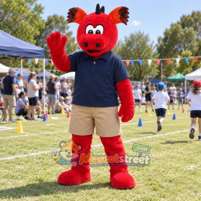 Red Dragon Mascot Costume with Navy Polo Shirt and Beige Shorts Red Dragon Mascot Costume with Navy Polo Shirt and Beige Shorts