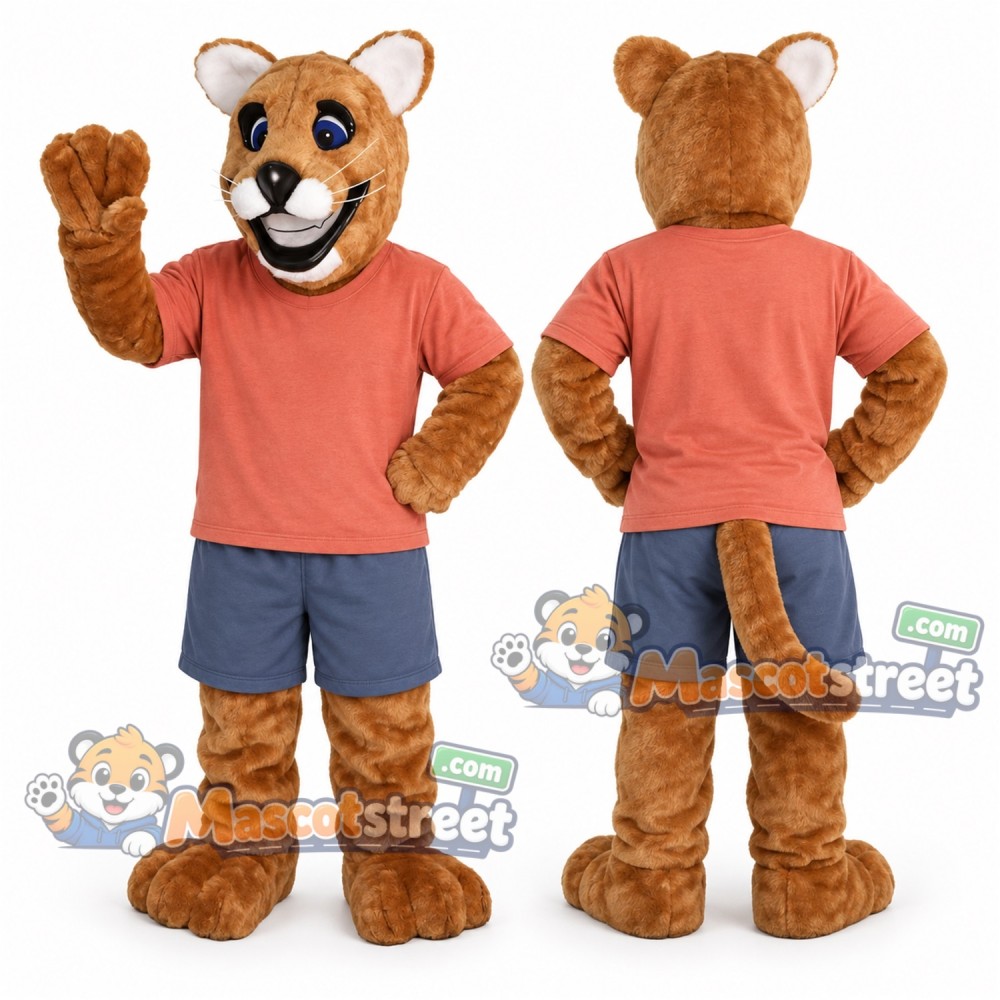 Tan Cougar Mascot Costume with Coral Shirt and Blue Shorts