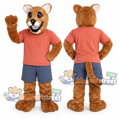 Tan Cougar Mascot Costume with Coral Shirt and Blue Shorts