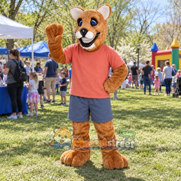 Tan Cougar Mascot Costume with Coral Shirt and Blue Shorts